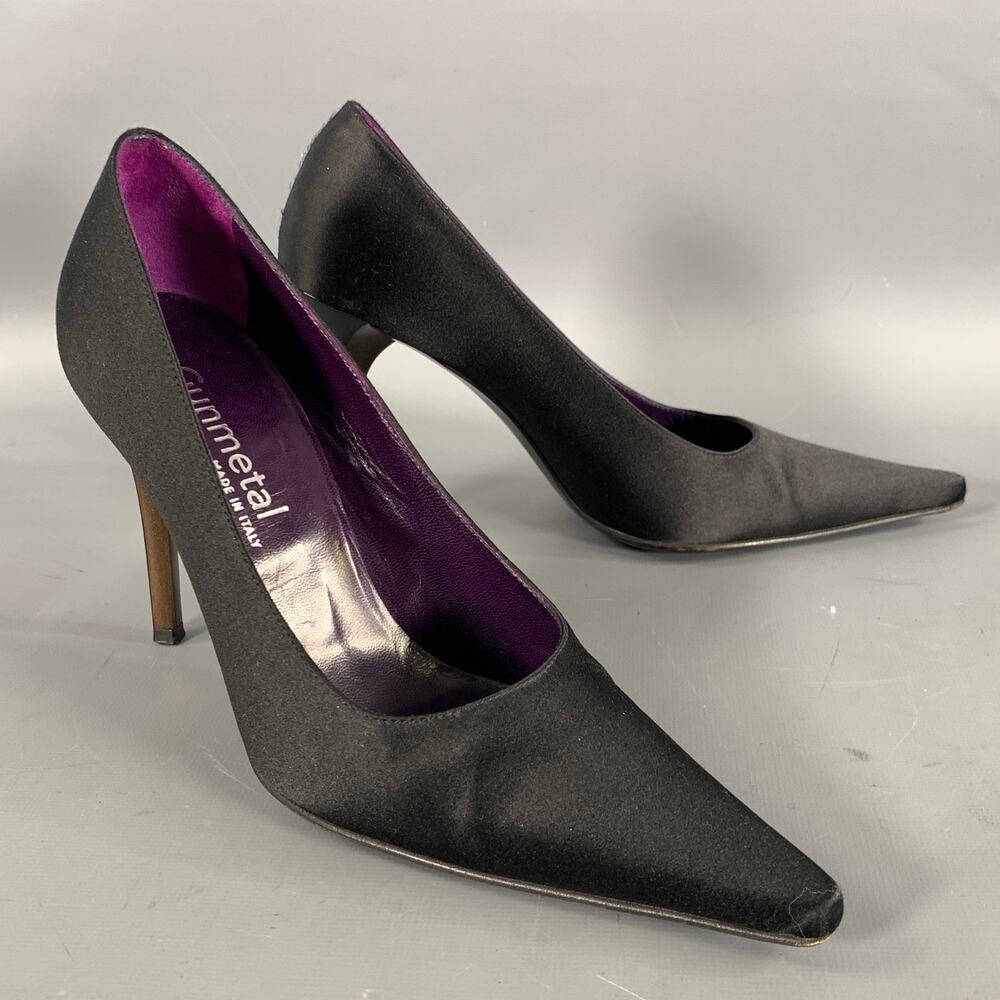 GUNMETAL Size 6.5 Black Satin Stiletto Pumps